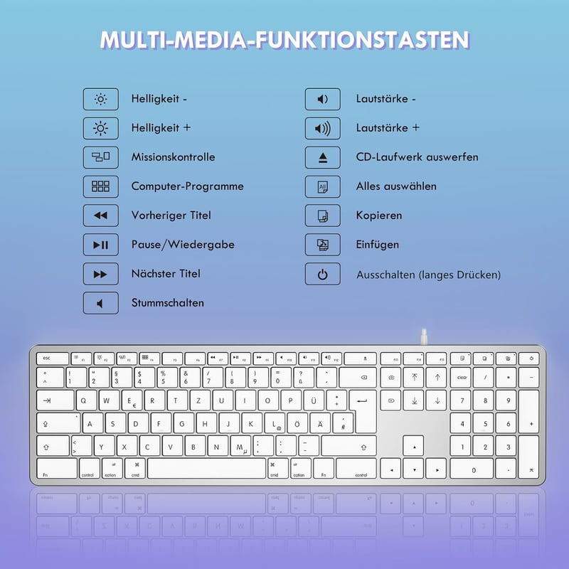 seenda Vezetékes Mac Billentyűzet, Kábellel és Type C/USB Porttal, Német QWERTZ Layout, Kizárólag Mac OS/iOS Rendszerekhez, Ezüst-Fehér