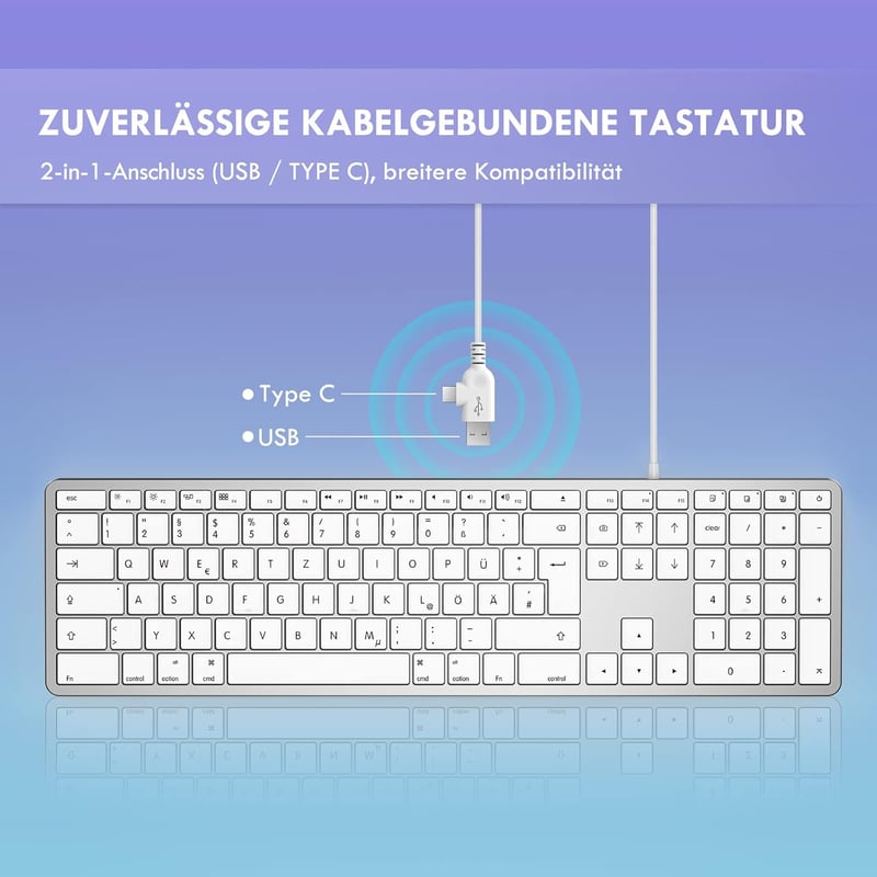 seenda Vezetékes Mac Billentyűzet, Kábellel és Type C/USB Porttal, Német QWERTZ Layout, Kizárólag Mac OS/iOS Rendszerekhez, Ezüst-Fehér