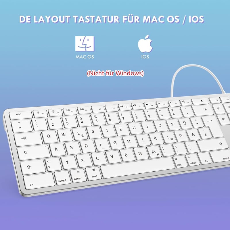 seenda Vezetékes Mac Billentyűzet, Kábellel és Type C/USB Porttal, Német QWERTZ Layout, Kizárólag Mac OS/iOS Rendszerekhez, Ezüst-Fehér
