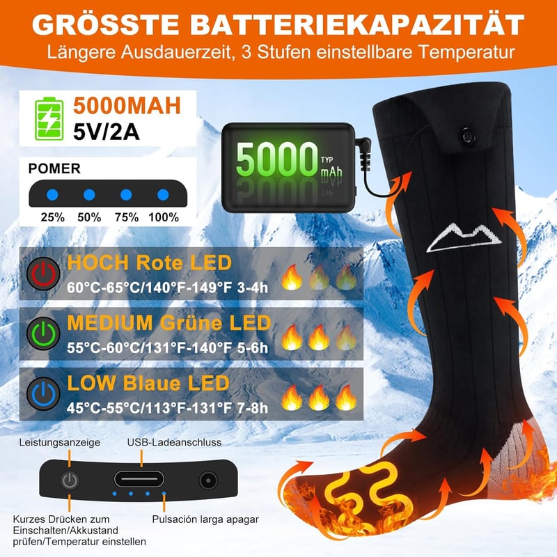 Seenlast Fűthető Zokni Férfiaknak és Nőknek, Újratölthető 5000mAh Elektromos Zokni 3 Fokozat 36-42