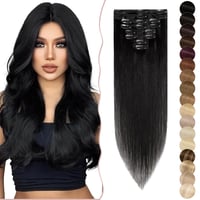 SEGO Clip-In Valódi Hajhosszabbítás 8 Darabos Szett, 100% Remy Emberi Haj, Egyenes, Fekete, 45 cm 1