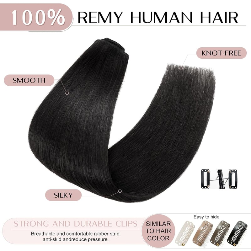 SEGO Clip-In Valódi Hajhosszabbítás 8 Darabos Szett, 100% Remy Emberi Haj, Egyenes, Fekete, 45 cm