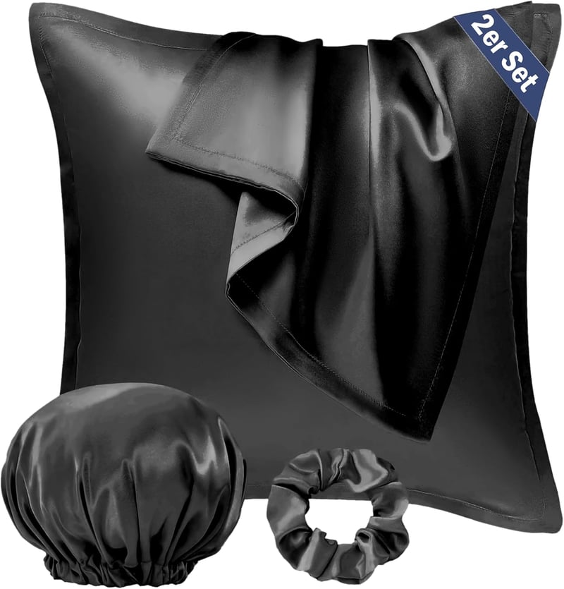 Seiwohl szatén párnahuzat 40x40 cm, 2 db hajápoló fekete + hajgumi és hajsapka