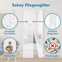 Sekey 110x210 cm magnetická sieťka proti hmyzu na dvere, pre drevené, železné a hliníkové dvere, na balkón, montáž bez vŕtania, biela 2
