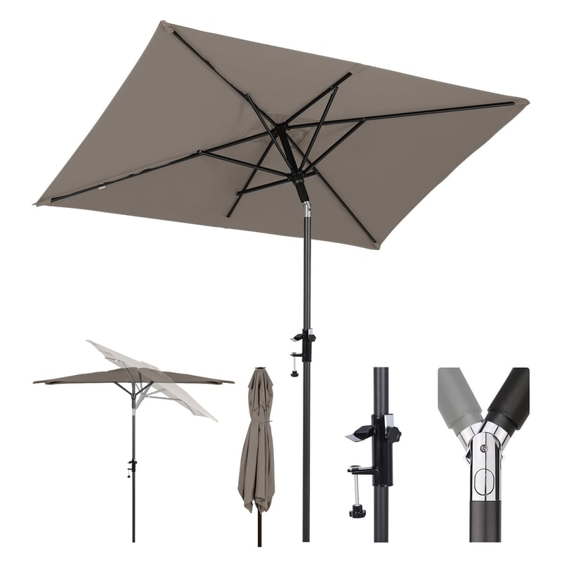 Sekey 200x125 cm obdĺžnikový balkónový slnečník s držiakom, odolný proti vetru, sklopný, UPF 50+, farba taupe, na terasu a do záhrady