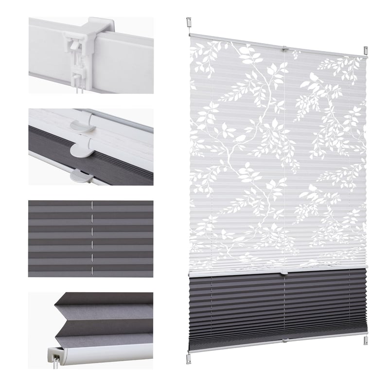 Rulou plisat dublu Sekey fără găurire, tip Day+Night, opac, cu fixare prin clipsare Klemmfix, 65x100 cm, model semitransparent „Ausbrenner”, gri cu imprimeu