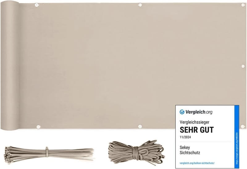 Sekey Erkélyárnyékoló Takarás 0,75x4m - Taupe Színű Átlátszatlan Poliészter Szélfogó, UV-Védelemmel, Fűzőszemekkel és Rögzítőkkel Erkélyre, 