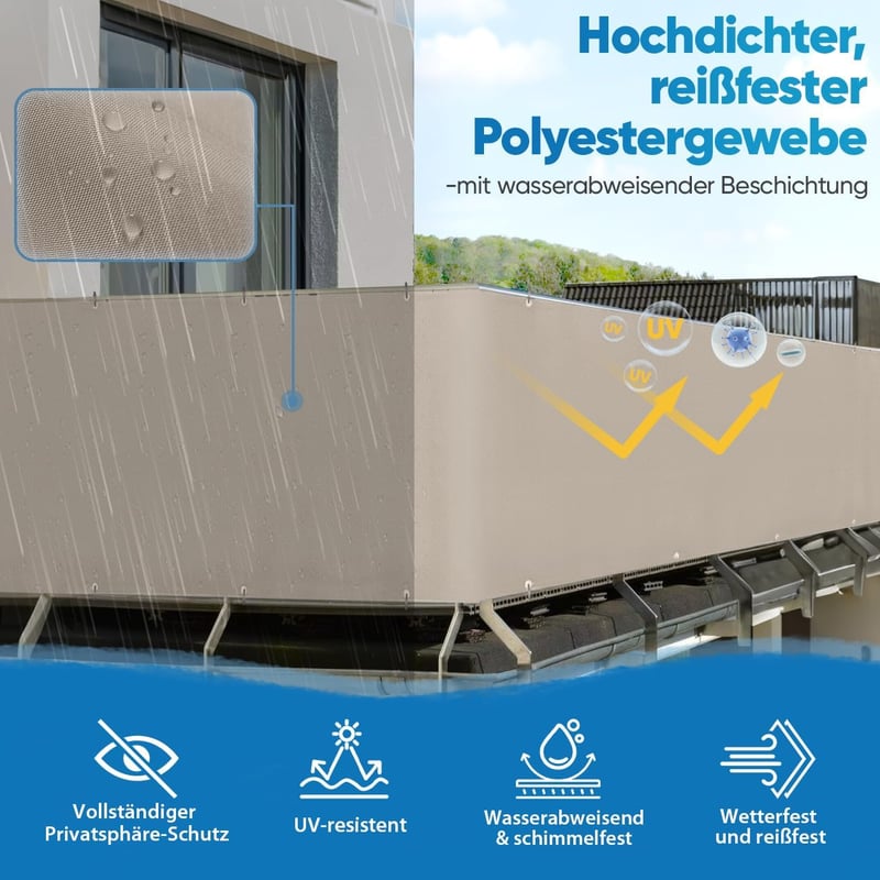 Sekey Erkélyárnyékoló Takarás 0,75x4m - Taupe Színű Átlátszatlan Poliészter Szélfogó, UV-Védelemmel, Fűzőszemekkel és Rögzítőkkel Erkélyre, 