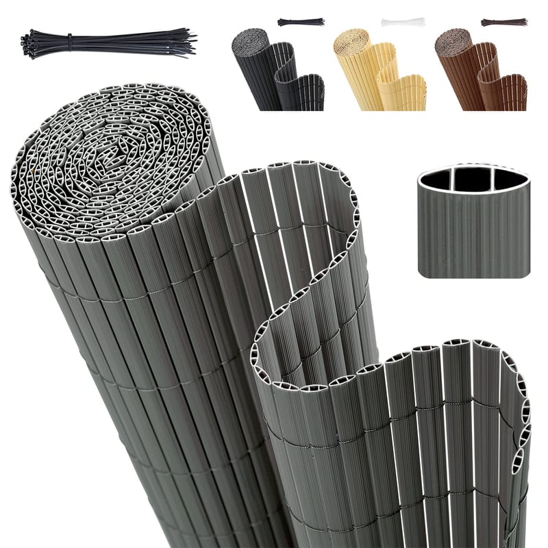 Sekey PVC balkónová clona na ochranu súkromia 100 x 500 cm, dvojito vystužená, vodoodolná, vetrolam s upevňovacími páskami, sivá, bez vŕtania