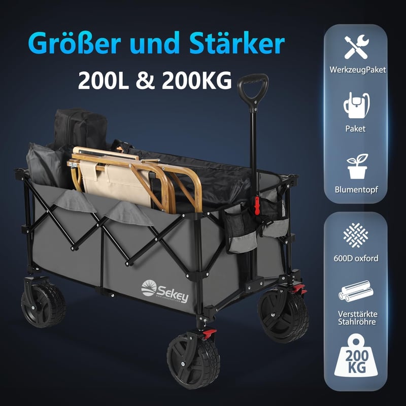 Sekey XXL Plus összecsukható kézikocsi 200 L 200 kg teherbirás fékes - 200 l, Charcoal