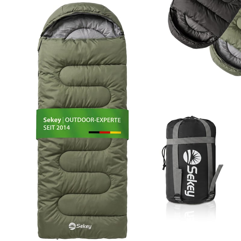 Sekey zelený spací vak 220x80 cm, 1,35 kg, 3-sezónny, 2 v 1 použiteľný aj ako prikrývka, 10-20°C, samostatné vetranie v oblasti nôh, kemping a outdoor