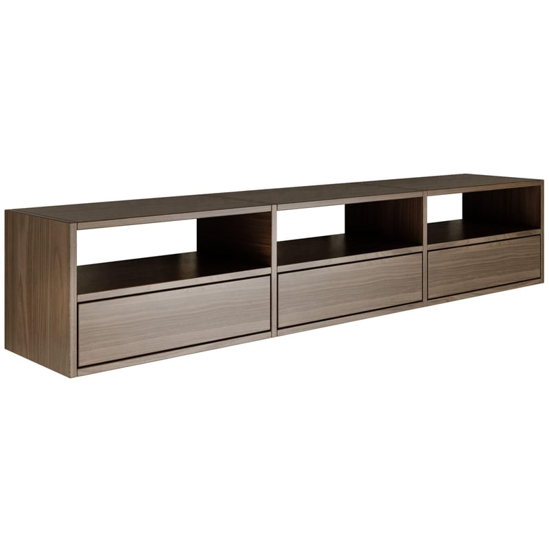 Comodă TV Selsey Wisconsin, nuc, 150x30x30 cm, suport TV suspendat cu ușă culisantă și sistem Push to Open, mobilier pentru living
