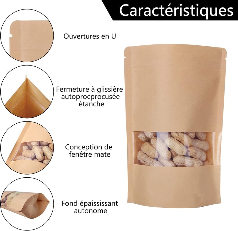 SENENQU 200 db Papírzacskó Ablakkal, 9x14 cm Álló Kraft Tasak Élelmiszerhez és Dióhoz
