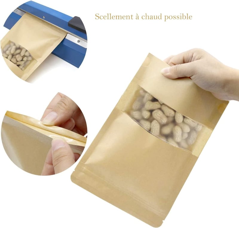 SENENQU 200 db Papírzacskó Ablakkal, 9x14 cm Álló Kraft Tasak Élelmiszerhez és Dióhoz