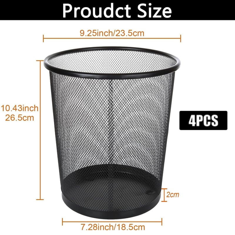 Set 4 coșuri de gunoi metalice SENENQU 12L, negru, tip plasă, pentru birou