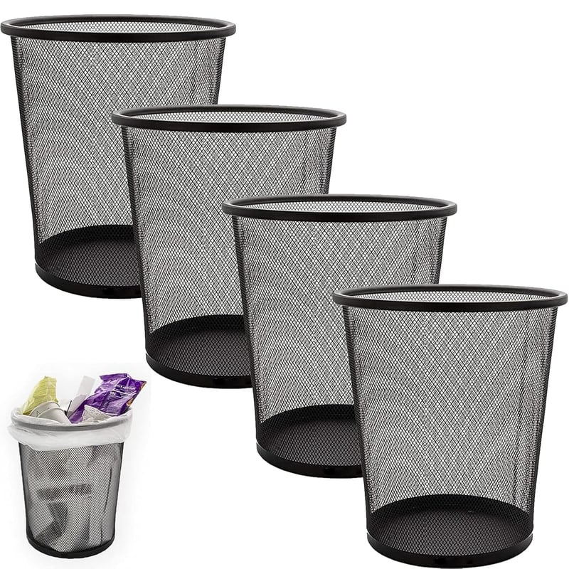 Set 4 coșuri de gunoi metalice SENENQU 12L, negru, tip plasă, pentru birou