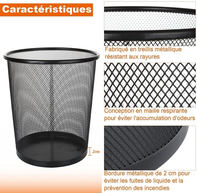 Set 4 coșuri de gunoi metalice SENENQU 12L, negru, tip plasă, pentru birou