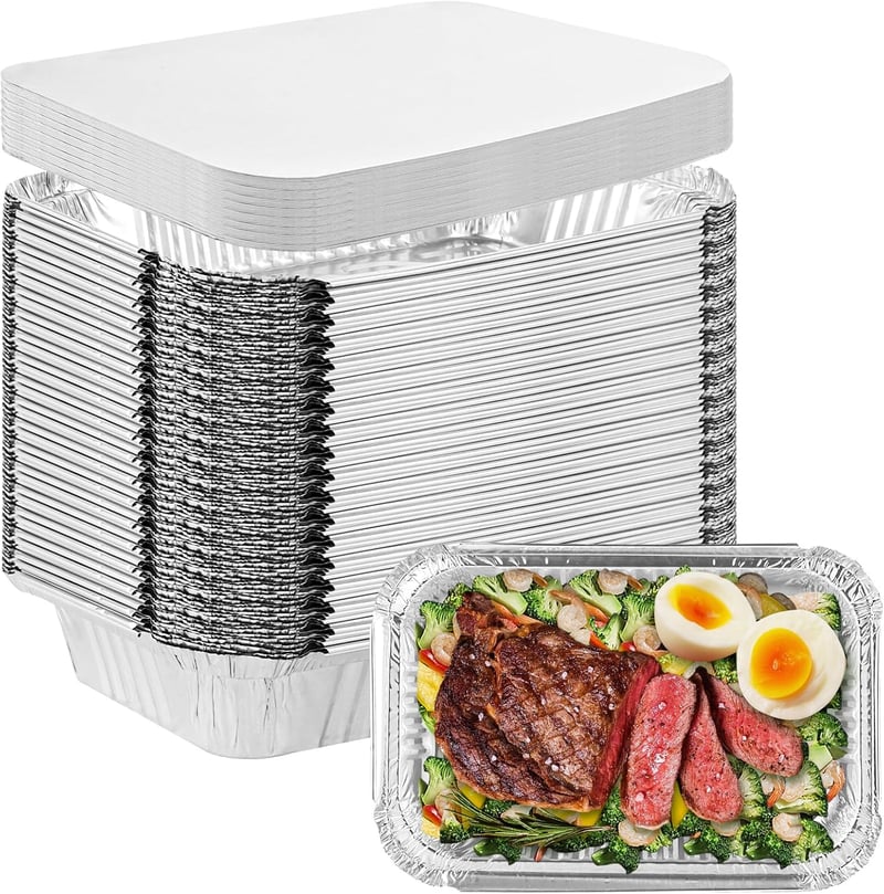 SENENQU 75 db Alumínium Sütőtálca Fedővel 850ml - Eldobható Alufólia Edény Sütéshez, Grillezéshez, Főzéshez - 21x14 cm