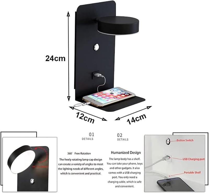 SENFAY 2db LED fali lámpa USB töltővel, 12W, dimmelhető érintőképernyős, 350° forgatható olvasólámpa