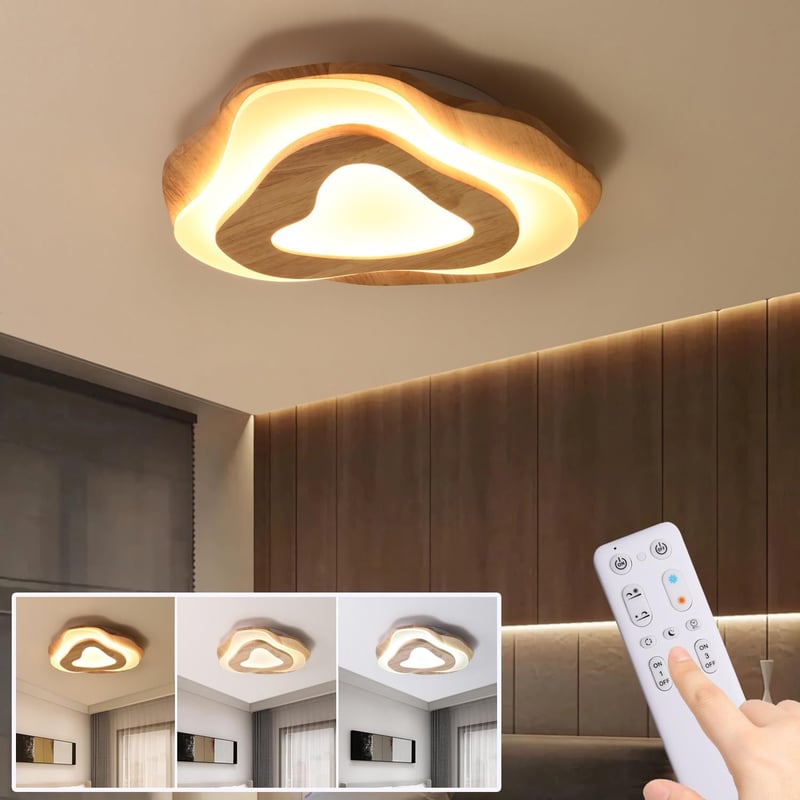 SENFAY 3 szintes LED mennyezeti lámpa tölgy színű fa dekorációval távirányítóval