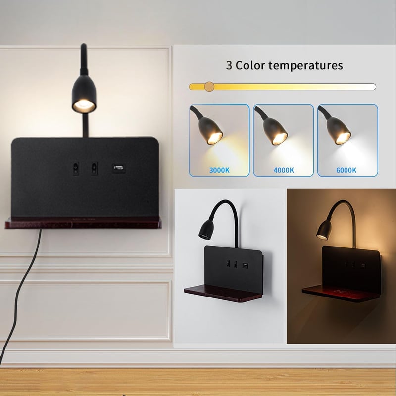 SENFAY LED fali lámpa vezeték nélküli töltéssel, USB-A/C portokkal, 3 színhőmérséklet
