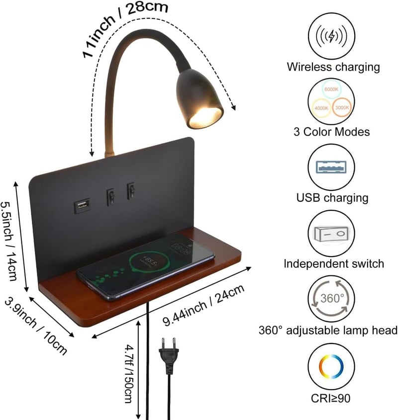 SENFAY LED fali lámpa vezeték nélküli töltéssel, USB-A/C portokkal, 3 színhőmérséklet