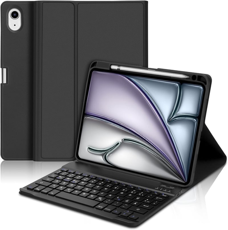 SENGBIRCH Billentyűzetes Tok iPad Air 6 11 Hüvelyk M3 2025/M2 2024 - Német QWERTZ Mágneses Leválasztható Billentyűzet Ceruza Tartóval Fekete