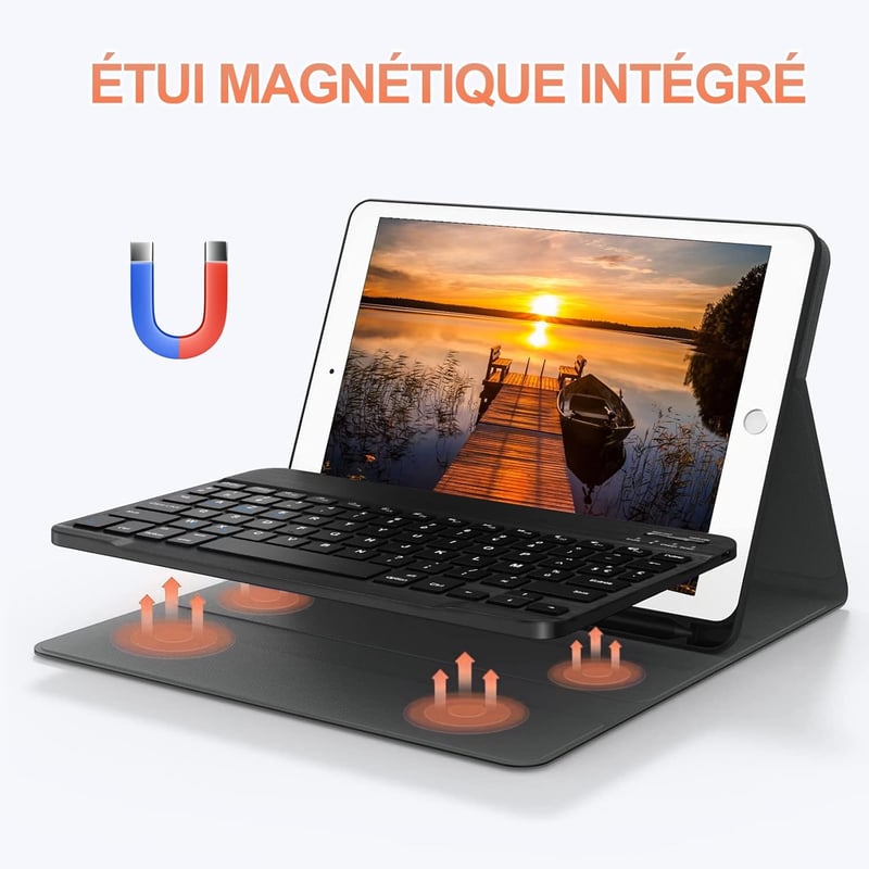 SENGBIRCH Bluetooth Billentyűzetes Tok iPad 2018/2017/Air/Pro 9.7 Modellekhez - Levehető AZERTY Billentyűzet, Ceruzatartó, Fekete
