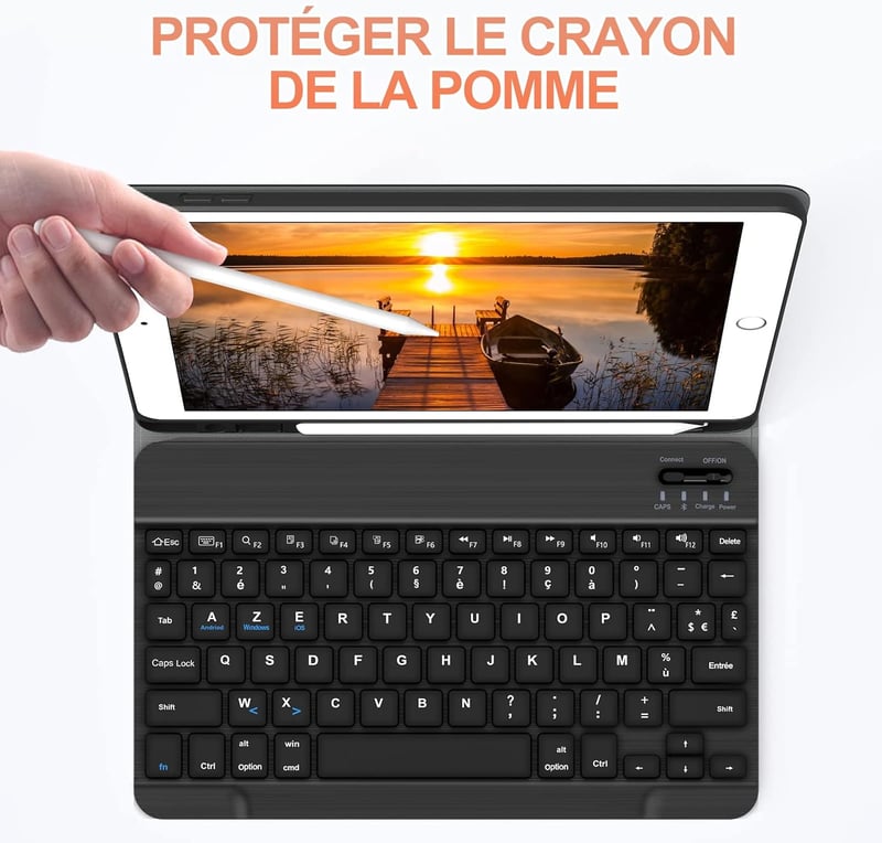 SENGBIRCH Bluetooth Billentyűzetes Tok iPad 2018/2017/Air/Pro 9.7 Modellekhez - Levehető AZERTY Billentyűzet, Ceruzatartó, Fekete
