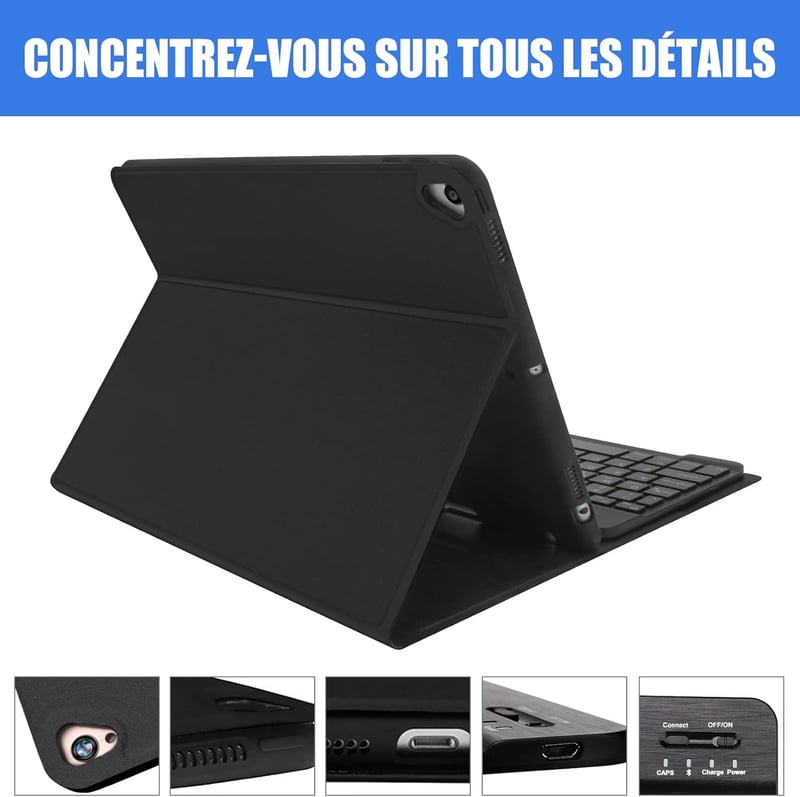 SENGBIRCH Bluetooth Billentyűzetes Tok iPad 2018/2017/Air/Pro 9.7 Modellekhez - Levehető AZERTY Billentyűzet, Ceruzatartó, Fekete