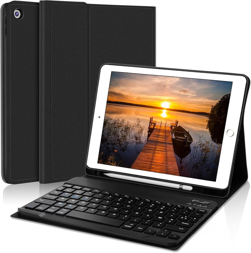 SENGBIRCH Bluetooth Billentyűzetes Tok iPad 2018/2017/Air/Pro 9.7 Modellekhez - Levehető AZERTY Billentyűzet, Ceruzatartó, Fekete