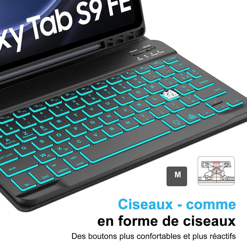 SENGBIRCH Bluetooth Billentyűzetes Tok Samsung Galaxy Tab S10 FE/S9 FE 10.9" Tablethez - 7 Színű RGB Háttérvilágítás, Levehető Billentyűzet,