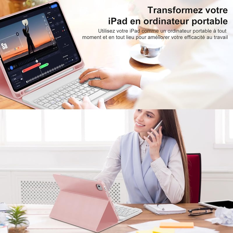 SENGBIRCH iPad Air 11 2024 Billentyűzetes Tok AZERTY Billentyűzettel Világos Rózsaszín