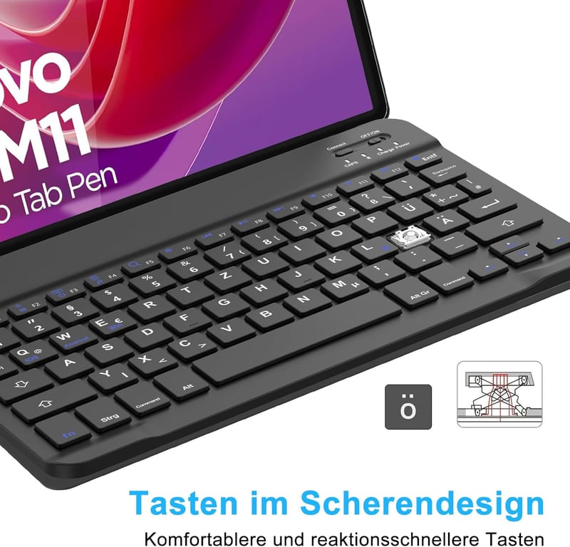 SENGBIRCH Lenovo Tab M11 2024 Bluetooth Billentyűzet Tok - Eltávolítható QWERTZ Wireless Billentyűzet, Fekete