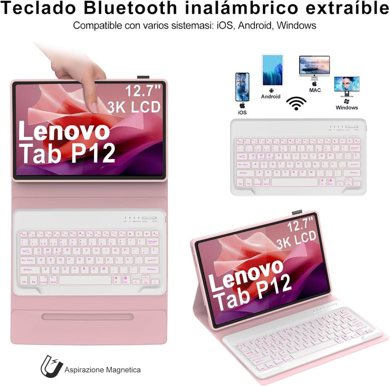 SENGBIRCH Lenovo Tab P12 12,7" Tok Billentyűzettel Bluetooth Világítás Rózsaszín