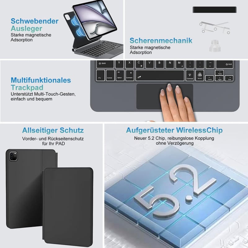 SENGBIRCH Magic Keyboard iPad Air 11" M3/M2 Német QWERTZ Háttérvilágítás Trackpad Fekete