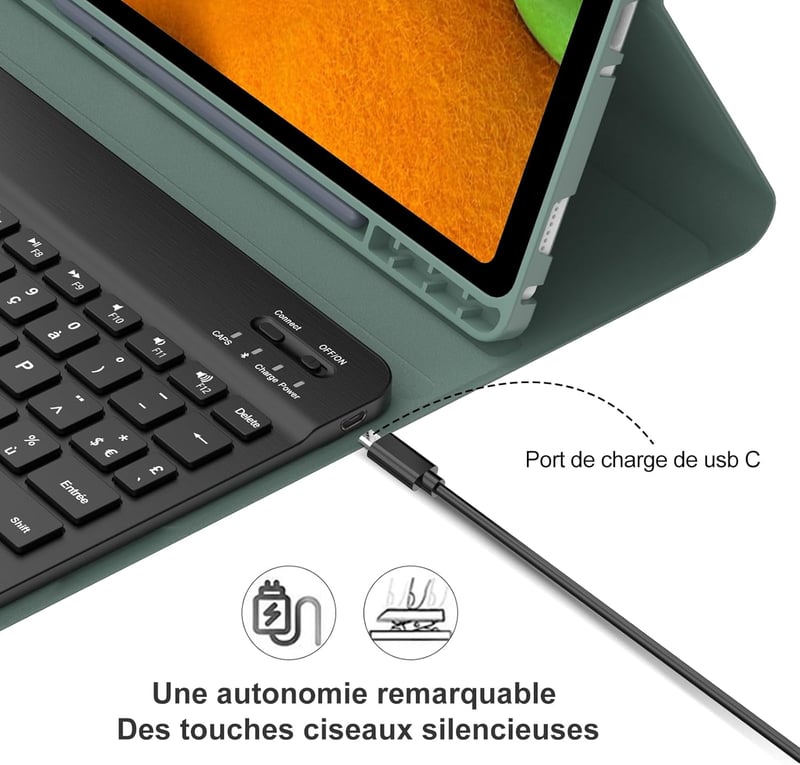 SENGBIRCH Samsung Galaxy Tab A9+ 11" Levehető Bluetooth Billentyűzetes Tok - Háttérvilágítással, Sötétzöld, Többféle Látószög, Automatikus A
