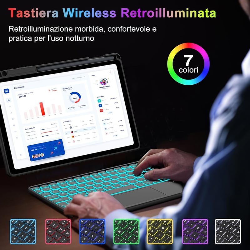 SENGBIRCH Wireless Bluetooth Billentyűzet Touchpad-dal, 7 Színű Háttérvilágítás, Android/iOS/Windows Kompatibilis