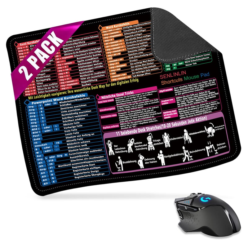 SENLINLIN Podložka pod myš 2 ks, 300x250x2 mm, nemecké klávesové skratky pre Excel, PowerPoint a Windows, protišmyková, bez zápachu, do kancelárie aj domov