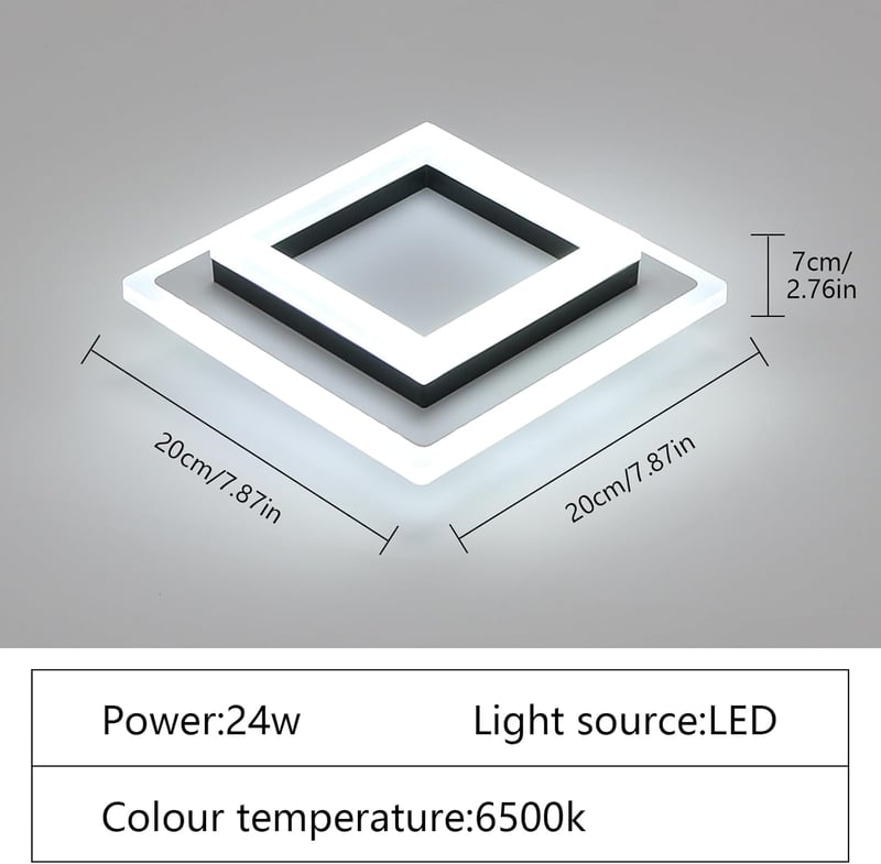 SENQIU Modern LED Mennyezeti Lámpa 24W - Négyzet Alakú Fekete Világítás 6500K Hideg Fehér Fénnyel, 2700lm, 20x20cm, Konyhába, Nappaliba