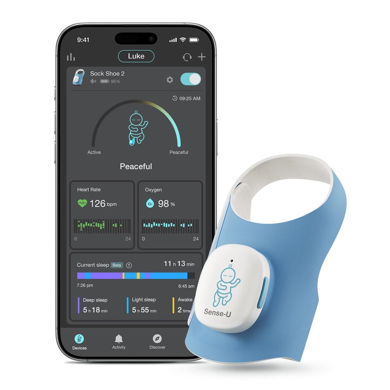 Monitor pentru bebeluși Sense-U Smart Sock 2 – Urmărirea ritmului cardiac și a tiparelor de somn cu senzor PPG pentru picioruș, pentru bebeluși de 1-12 luni