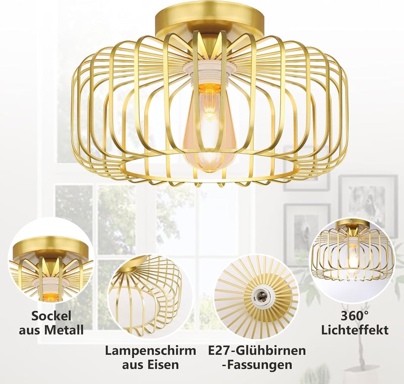 SERBASIC arany LED mennyezeti lámpa E27 fém retro kerek ipari konyha hálószoba
