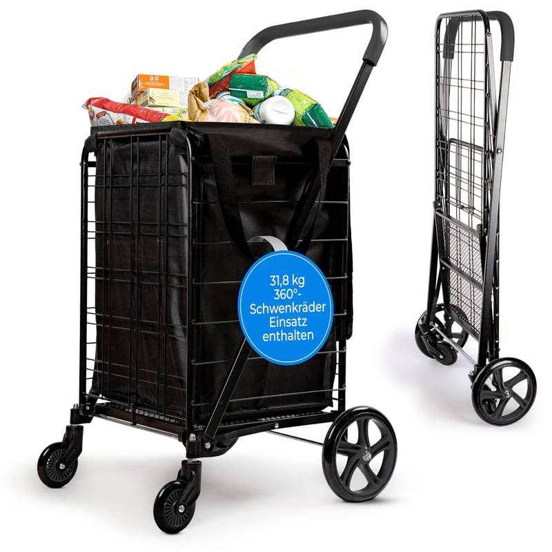 Skladací nákupný vozík SereneLife s objemom 50 l, nosnosťou 31,8 kg, 360° otočnými kolieskami, odnímateľnou taškou a funkciou výstupu na schody, čierny