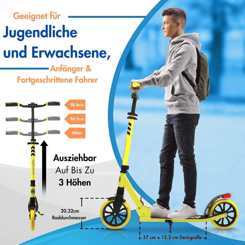 SereneLife Összecsukható Roller Magasságállítható Nagykerekes Fékkel 100kg-ig
