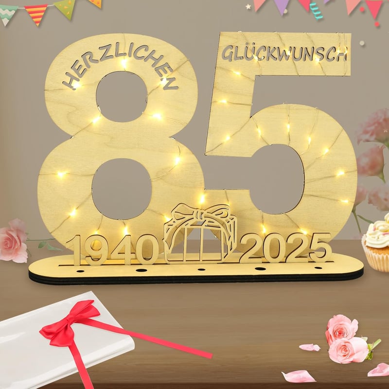 Seutgjie 85. Születésnapi Fa Ajándéktábla LED Fényfüzérrel - Pénzajándék Tartó Dekoráció Férfiaknak és Nőknek - Asztali Díszítés Évfordulóra