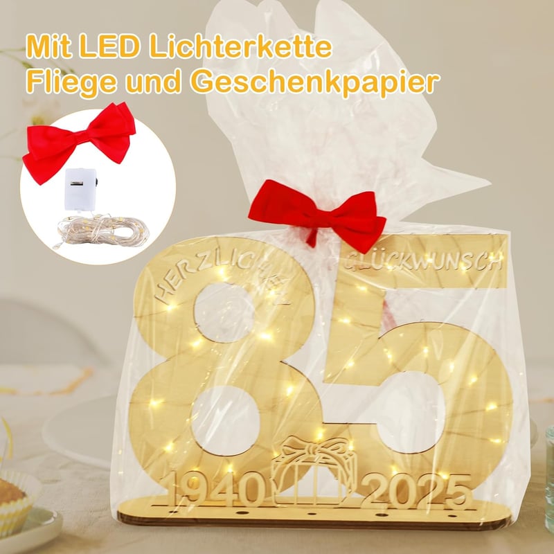 Seutgjie 85. Születésnapi Fa Ajándéktábla LED Fényfüzérrel - Pénzajándék Tartó Dekoráció Férfiaknak és Nőknek - Asztali Díszítés Évfordulóra