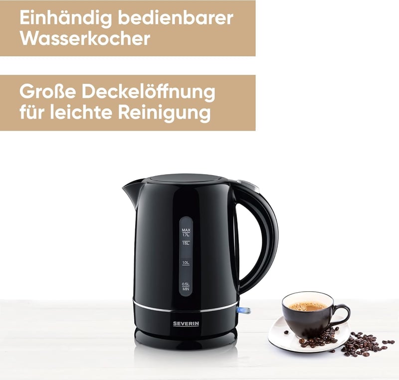 SEVERIN 1,7 literes vízforraló fekete, 2200W, kompakt, vízkőszűrő
