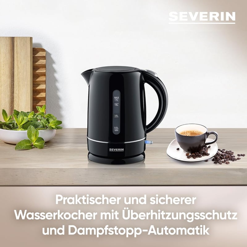 SEVERIN 1,7 literes vízforraló fekete, 2200W, kompakt, vízkőszűrő