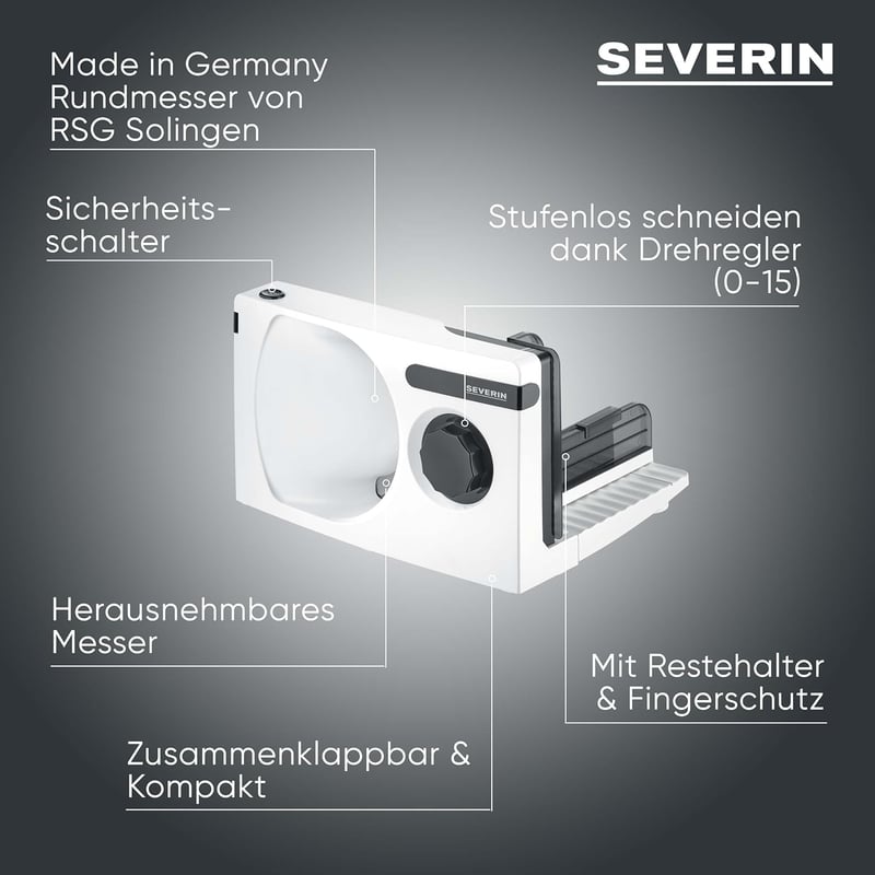 Severin AS 3912 Kenyér- és Hússzeletelő Védhető Pengével, Állítható Vágásmélység