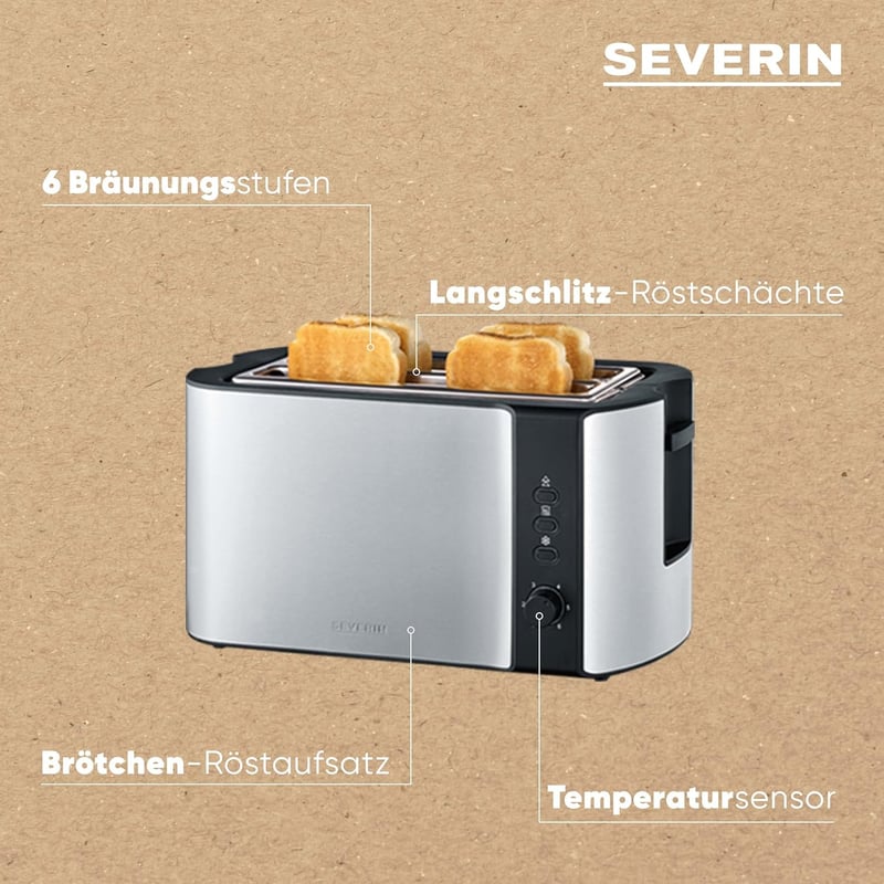 SEVERIN Automata Kenyérpirító Rozsdamentes Acél 800W Dupla Kamrás